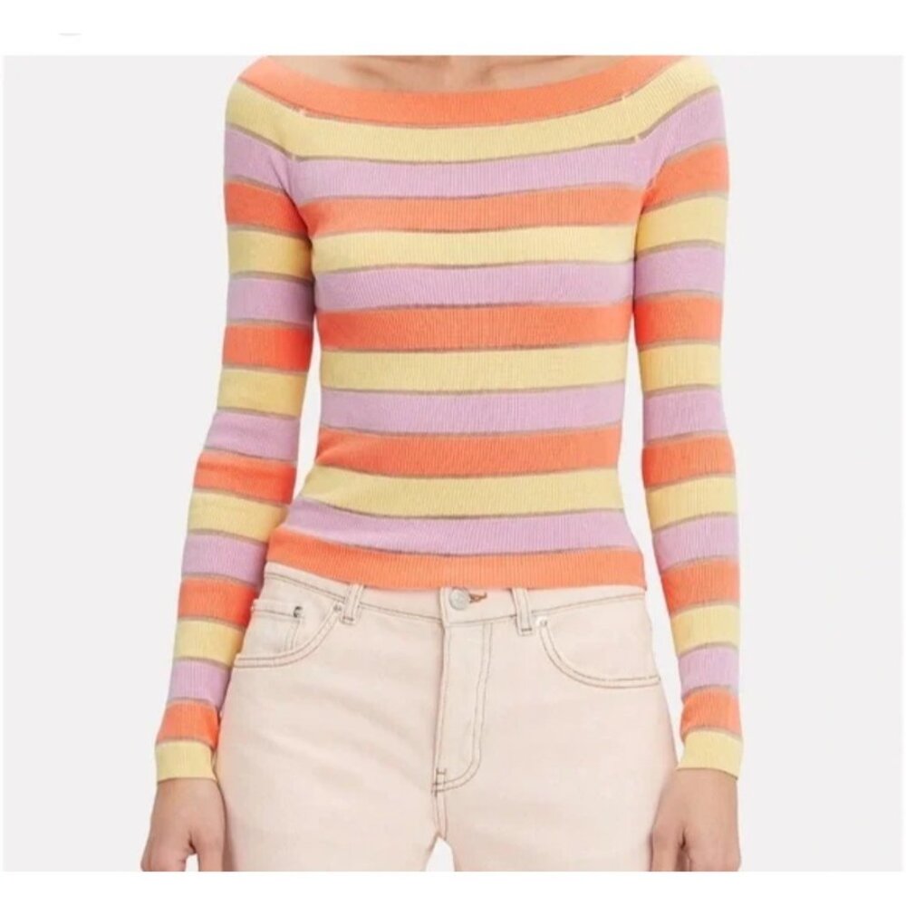 Intermix Womens Sz L Striped Off-The-Shoulder Knit Top Multicolor Long-Sleeve